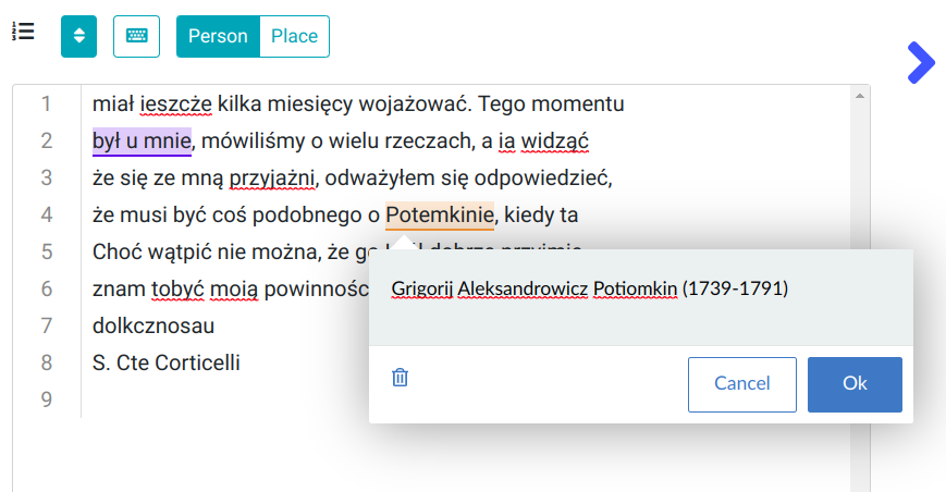 Zrzut ekranu eScriptorium: anotacja tekstu