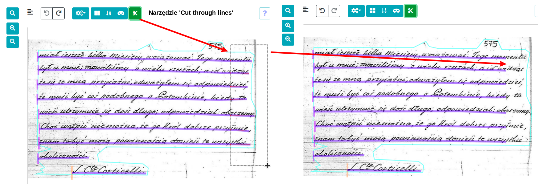Zrzut ekranu eScriptorium: cut line