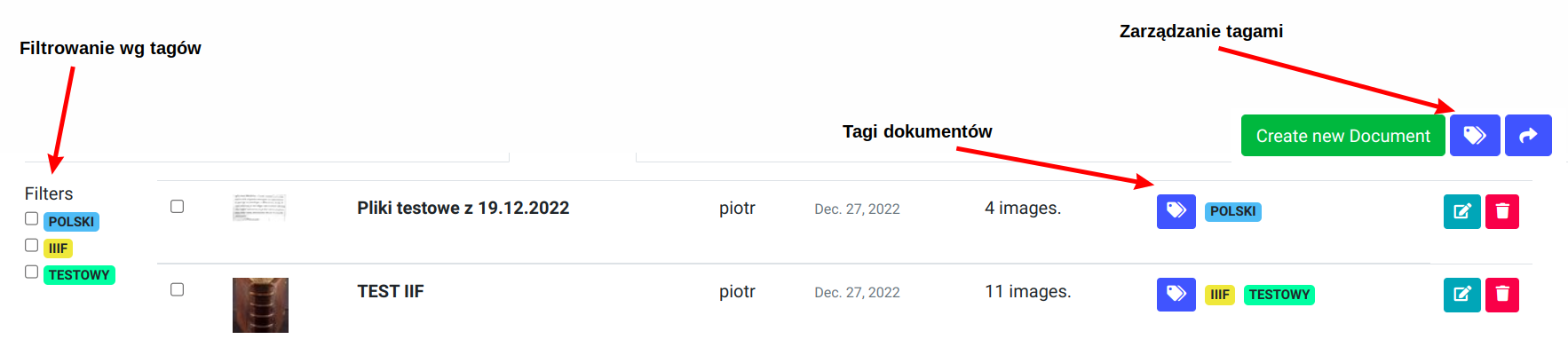 Zrzut ekranu eScriptorium: dokument tagi