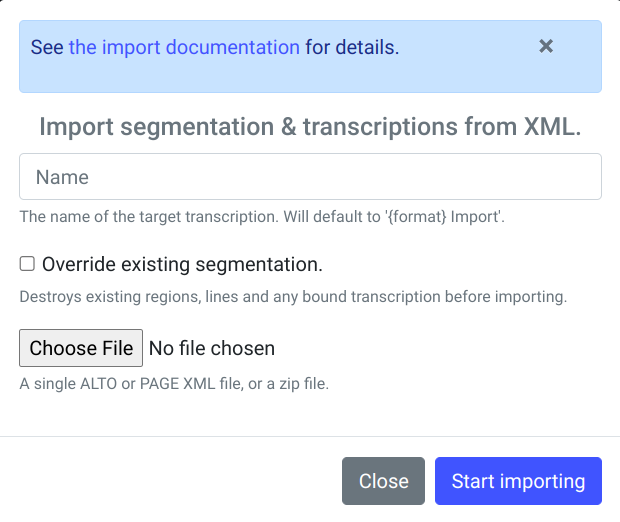 Zrzut ekranu eScriptorium: import xml