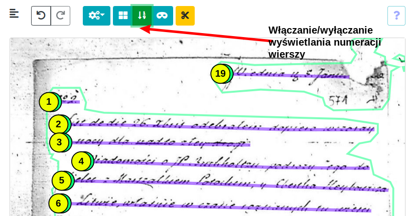 Zrzut ekranu eScriptorium: kolejnosc wierszy segmentacja