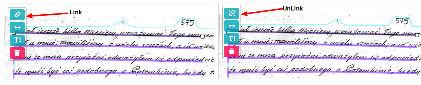 Zrzut ekranu eScriptorium: link line region
