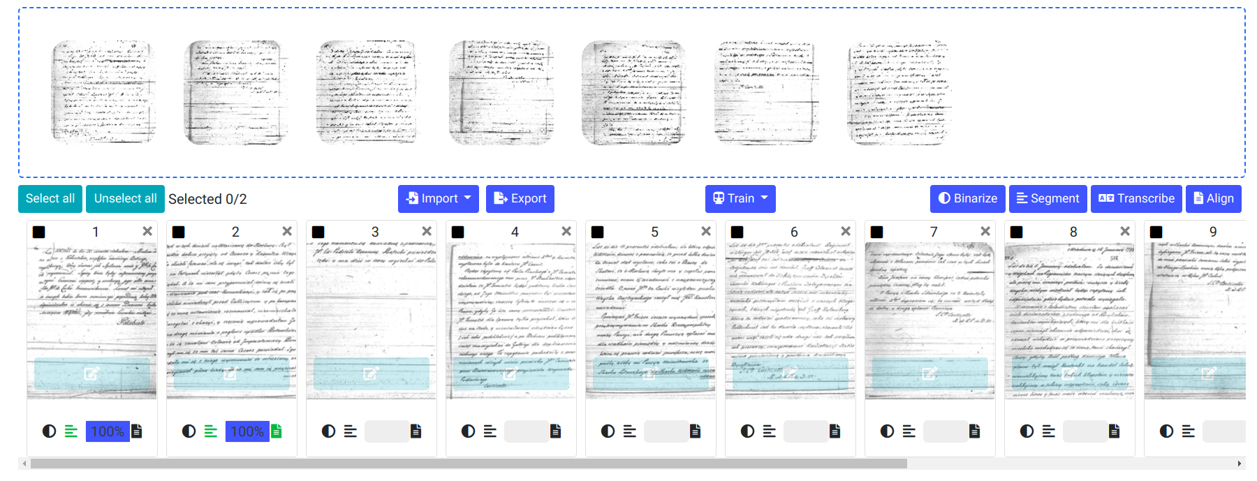 Zrzut ekranu eScriptorium: lista skanow