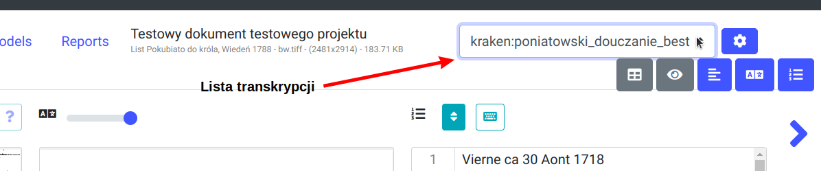 Zrzut ekranu eScriptorium: lista transkrypcji skanu