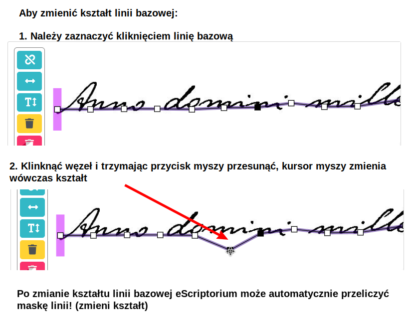 Zrzut ekranu eScriptorium: modyfikacja linii bazowej