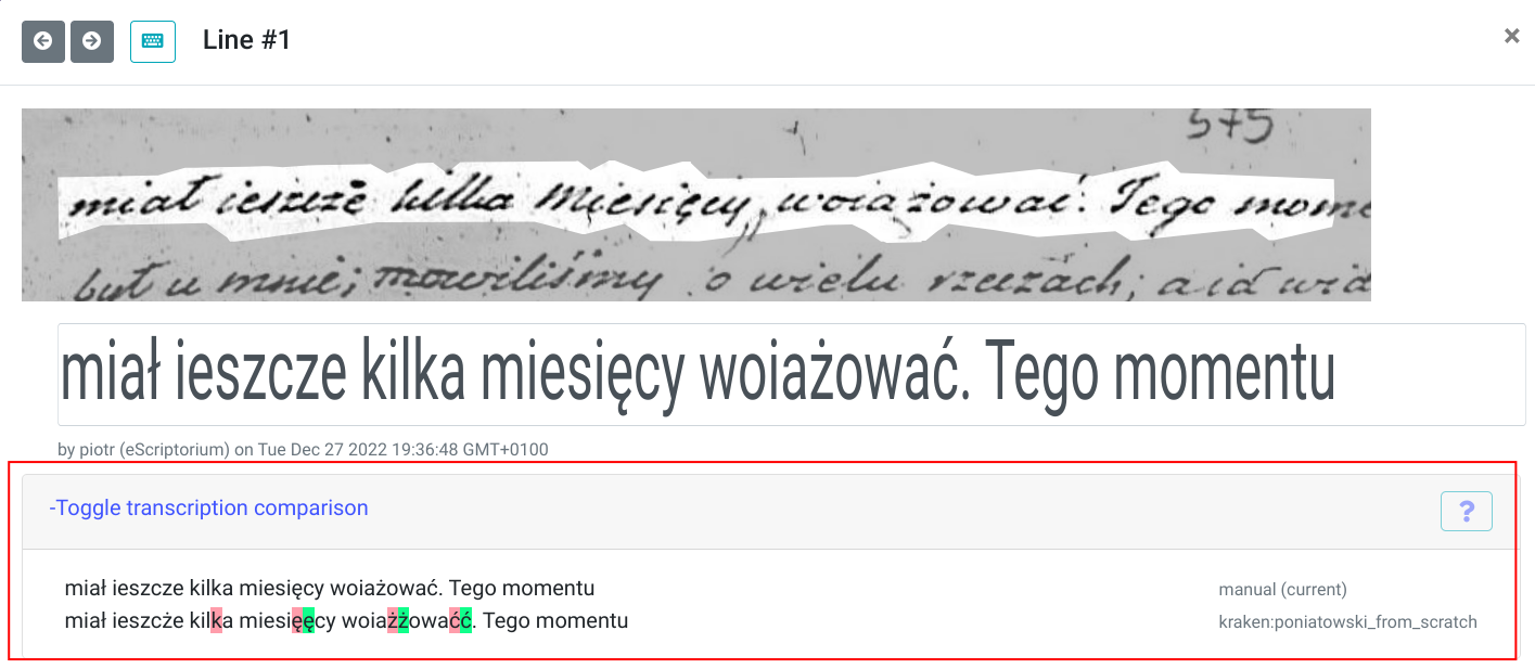 Zrzut ekranu eScriptorium: porownanie wersji transkrypcji