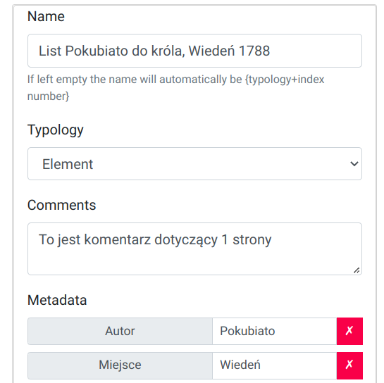 Zrzut ekranu eScriptorium: skan metadane