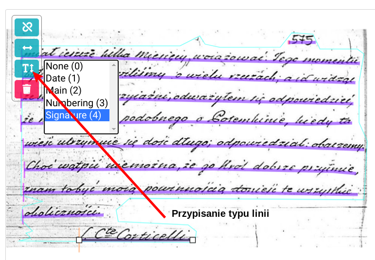 Zrzut ekranu eScriptorium: typ linii