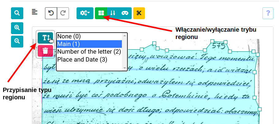 Zrzut ekranu eScriptorium: typ regionu