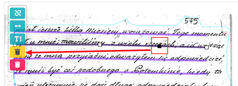 Zrzut ekranu eScriptorium: usuwanie wezla linii bazowej