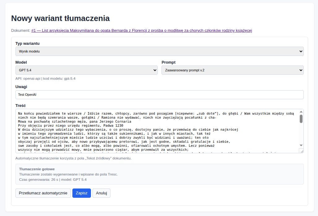 Automatyczne tłumaczenie dokumentu w Manuscript Lab