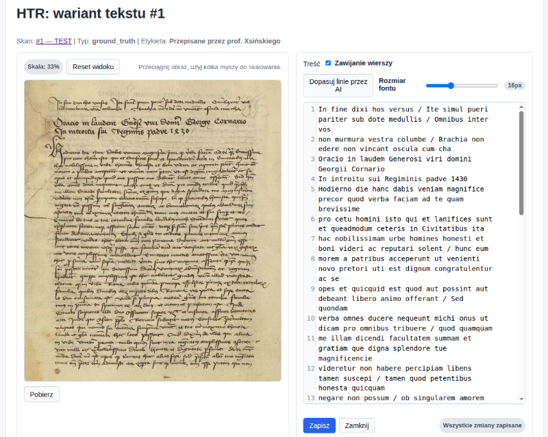 Widok pracy nad tekstem HTR w Manuscript Lab