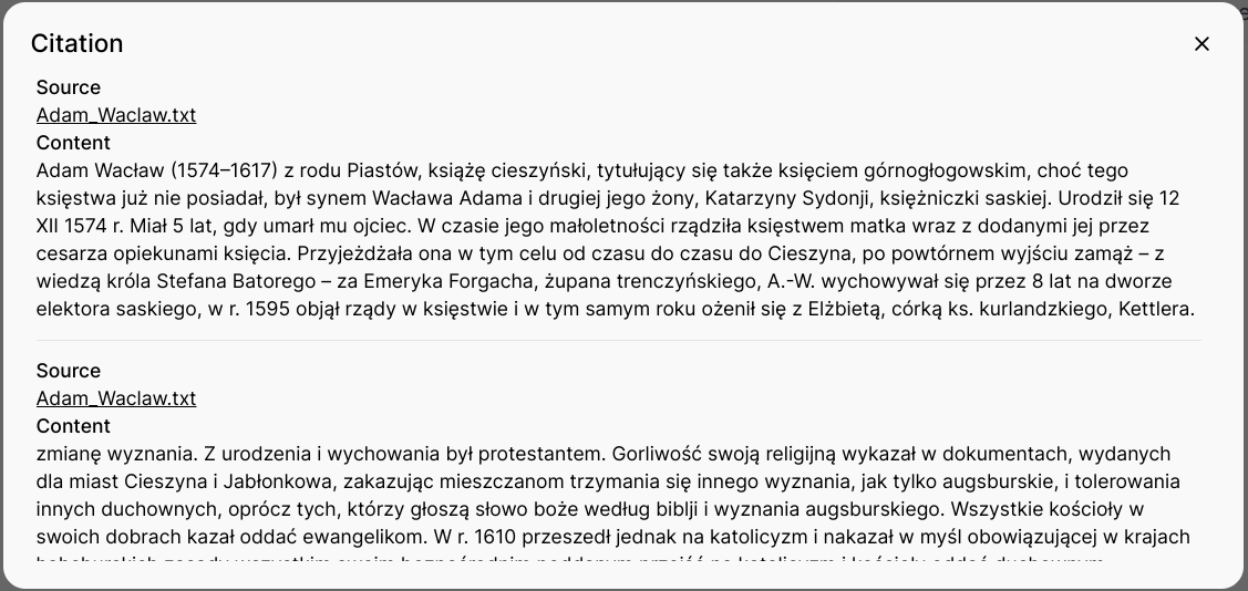 Odsyłacz do cytowanego dokumentu w odpowiedzi modelu