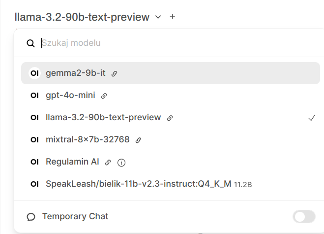 Menu wyboru modelu językowego w OpenWebUI