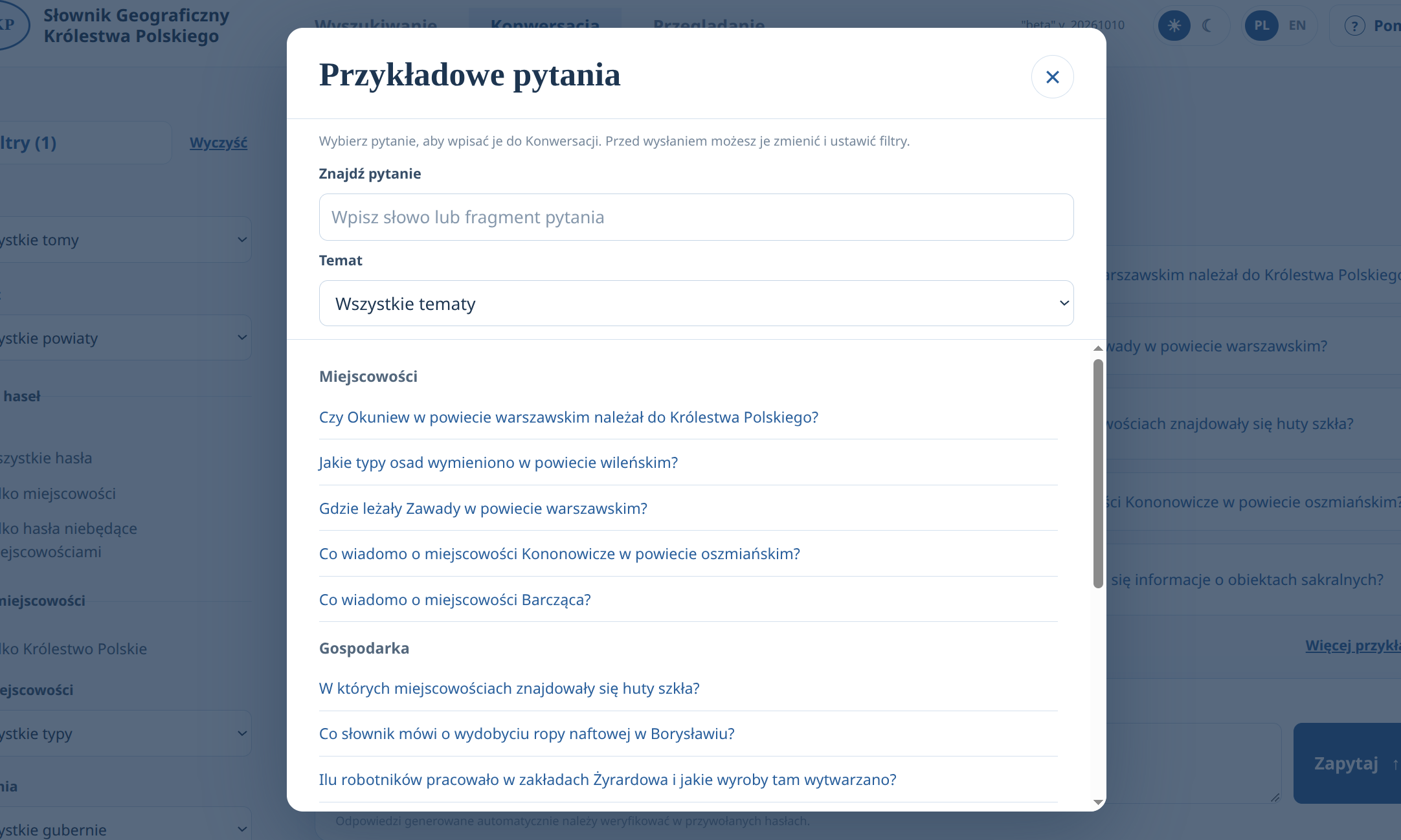 List of example questions in the Polish interface