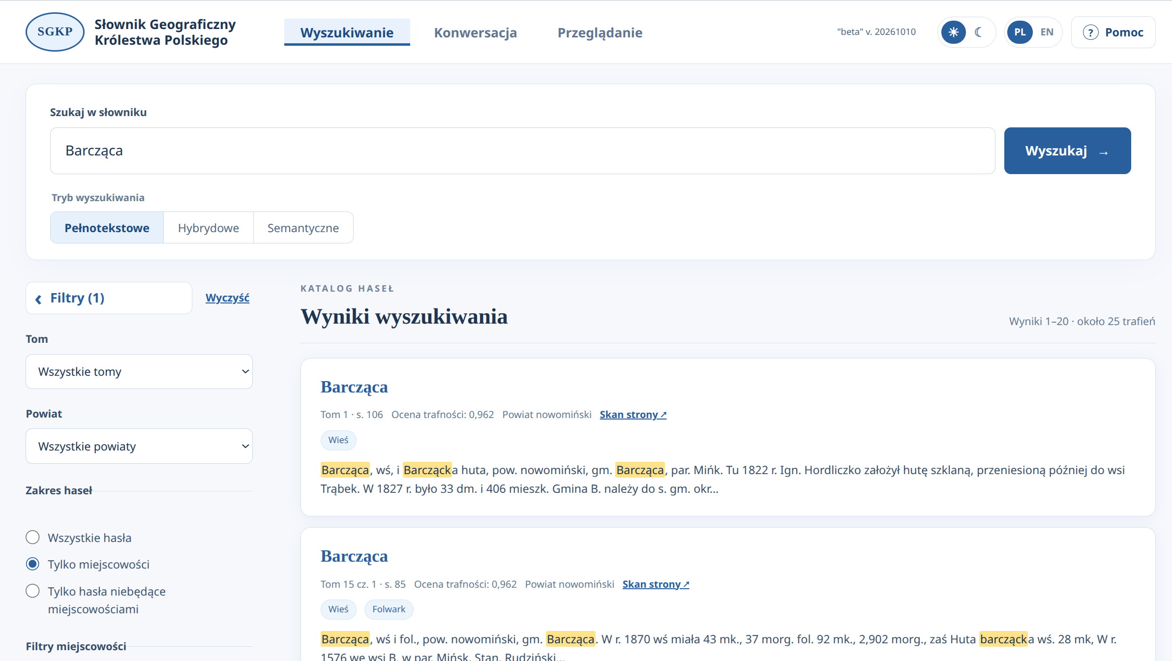 Search tab in the Polish interface