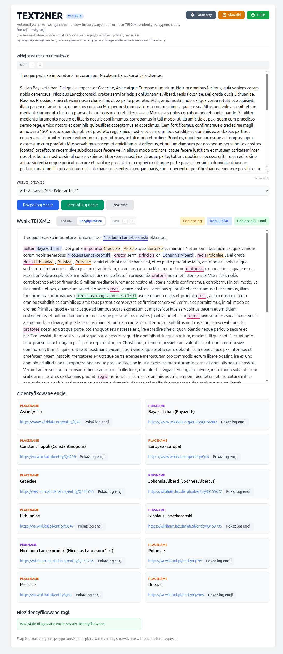 Zrzut ekranu aplikacji TEXT2NER