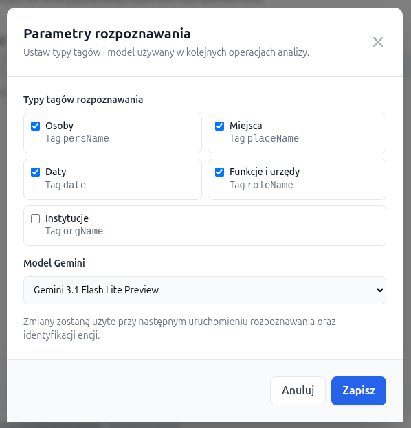 Okno parametrów aplikacji